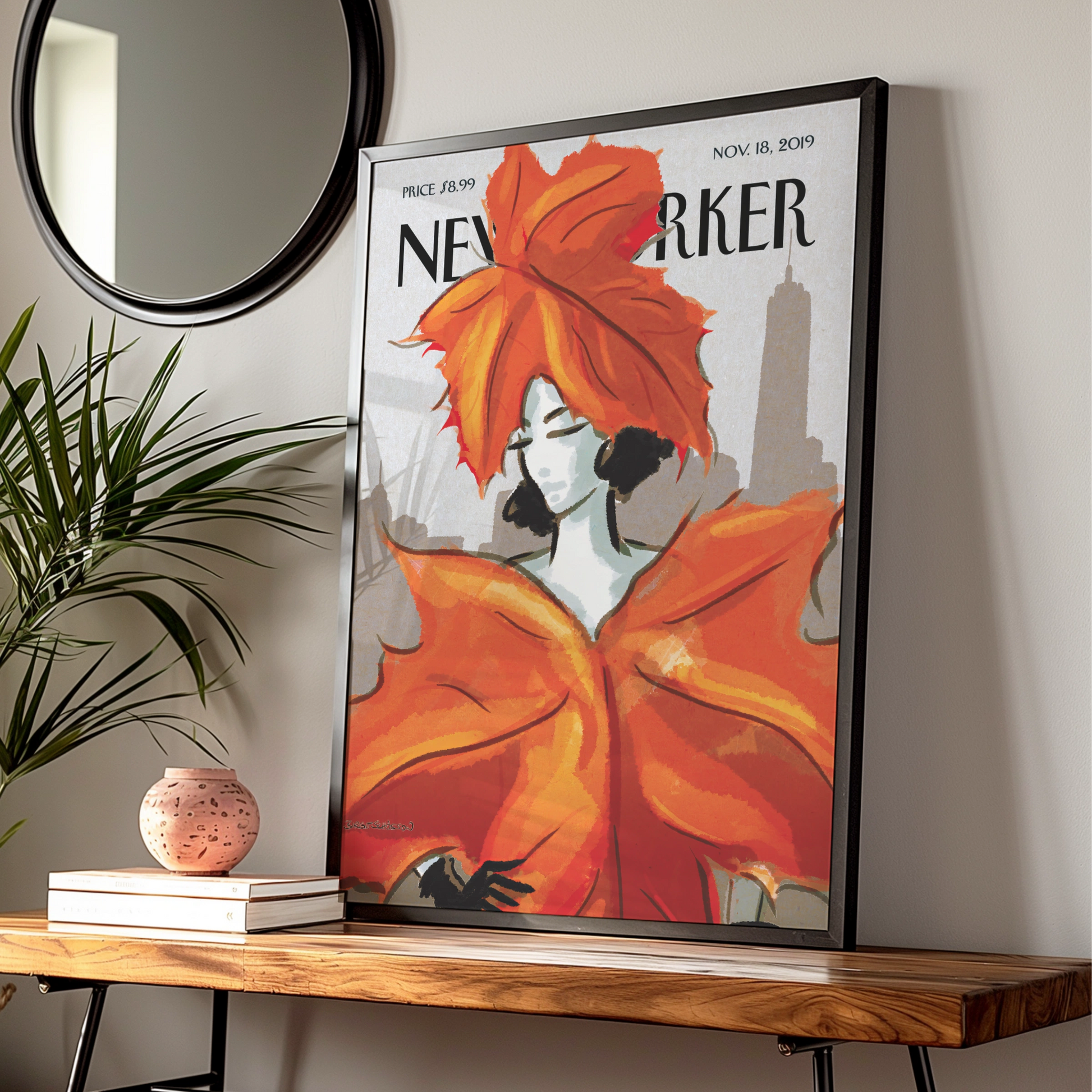 New Yorker Cover Poster, Autumn Leaves Woman Art, NYC Skyline Wall Art Print