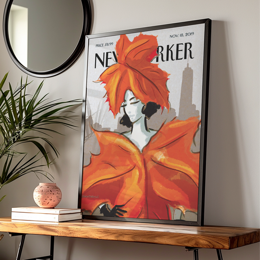 New Yorker Cover Poster, Autumn Leaves Woman Art, NYC Skyline Wall Art Print
