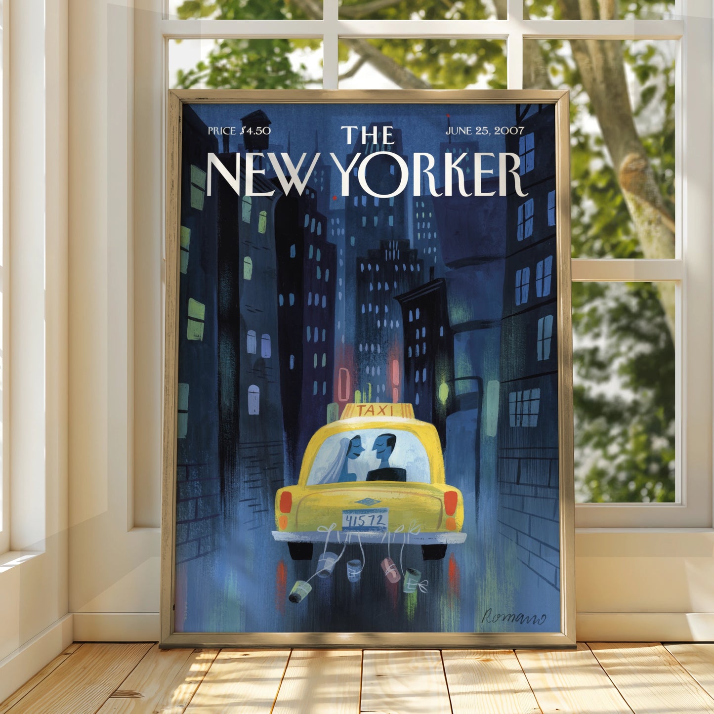 New Yorker Wedding Taxi Poster, NYC Night Skyline Art Print, Romantic City Wall Art