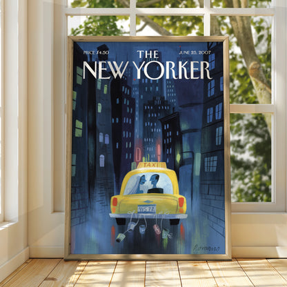 New Yorker Wedding Taxi Poster, NYC Night Skyline Art Print, Romantic City Wall Art