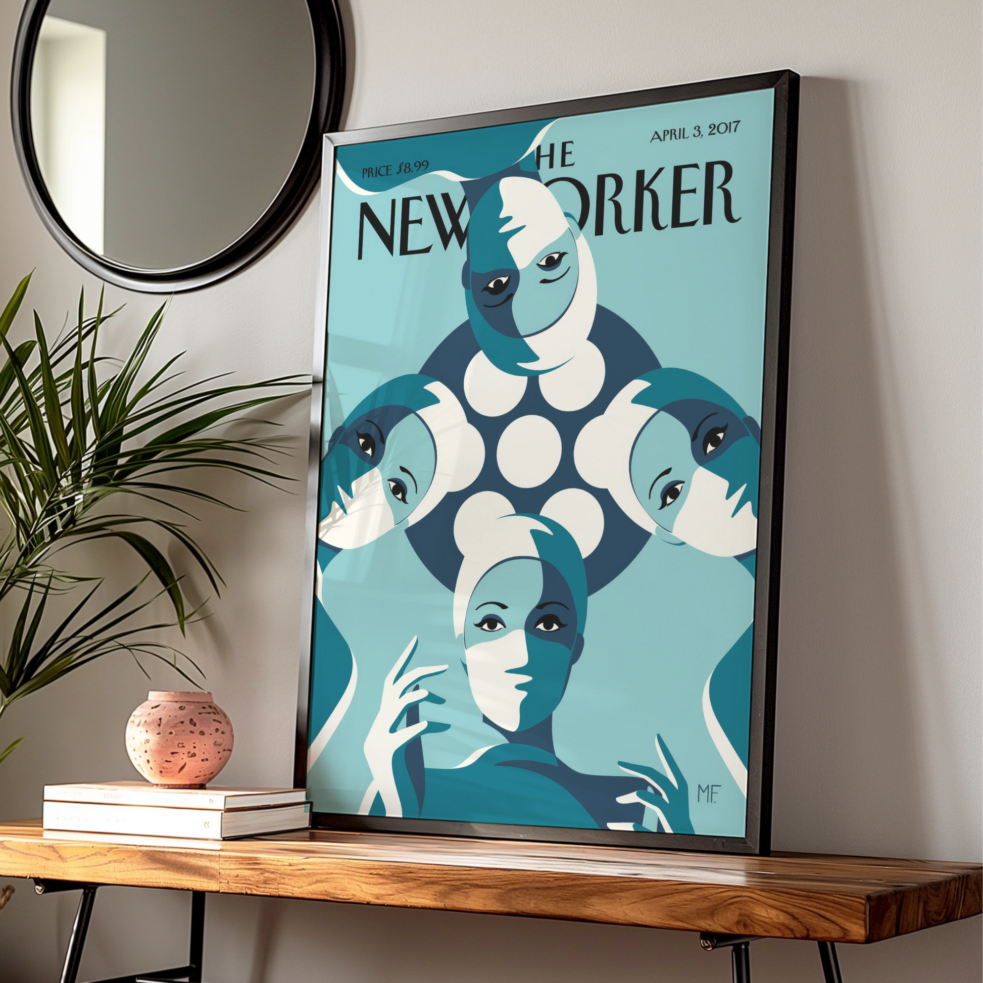 The New Yorker April 2017 Cover Poster, Teal Women Art Deco Wall Art Print