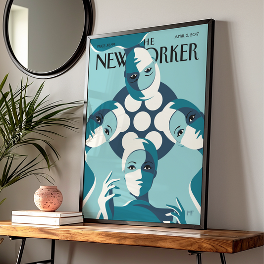 The New Yorker April 2017 Cover Poster, Teal Women Art Deco Wall Art Print