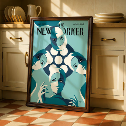 The New Yorker April 2017 Cover Poster, Teal Women Art Deco Wall Art Print