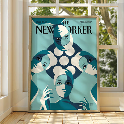 The New Yorker April 2017 Cover Poster, Teal Women Art Deco Wall Art Print