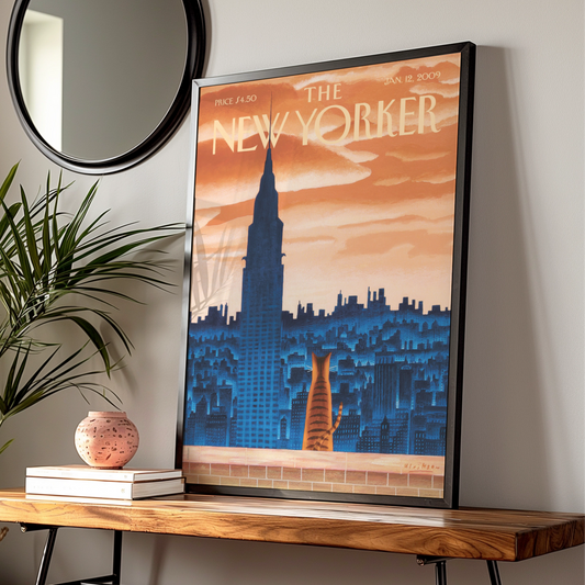 The New Yorker Cat Poster, NYC Skyline Wall Art, Chrysler Building Print, Vintage Cover