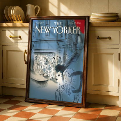 The New Yorker Cover Poster Nov 2015, Paris Cafe Street Scene, Blue Wall Art Print