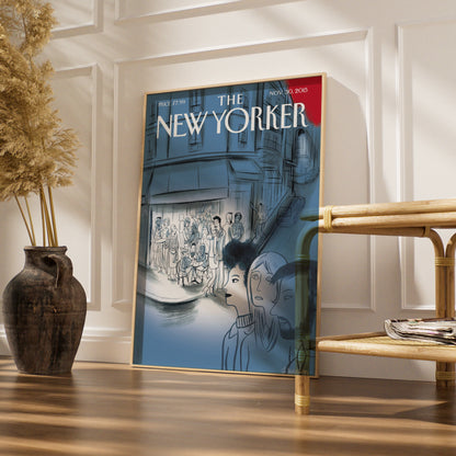 The New Yorker Cover Poster Nov 2015, Paris Cafe Street Scene, Blue Wall Art Print