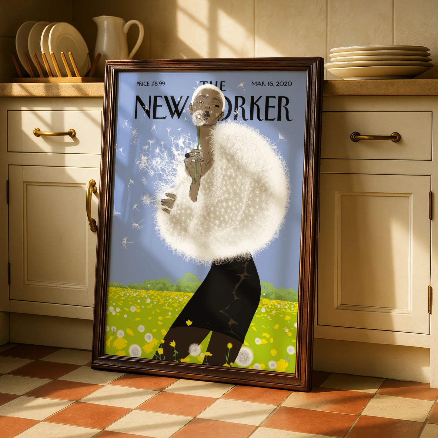 The New Yorker Poster, Dandelion Woman Art Print, Spring Wall Art, Blue Sky Floral