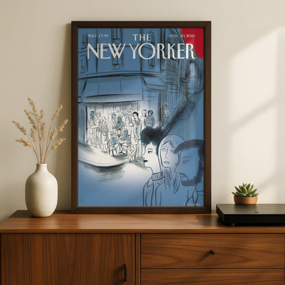 The New Yorker Cover Poster Nov 2015, Paris Cafe Street Scene, Blue Wall Art Print