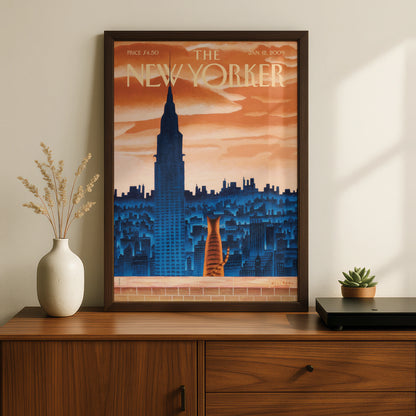 The New Yorker Cat Poster, NYC Skyline Wall Art, Chrysler Building Print, Vintage Cover