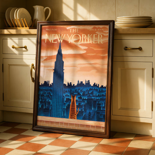 The New Yorker Cat Poster, NYC Skyline Wall Art, Chrysler Building Print, Vintage Cover