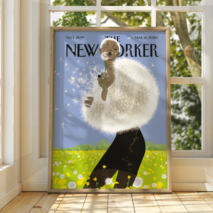 The New Yorker Poster, Dandelion Woman Art Print, Spring Wall Art, Blue Sky Floral