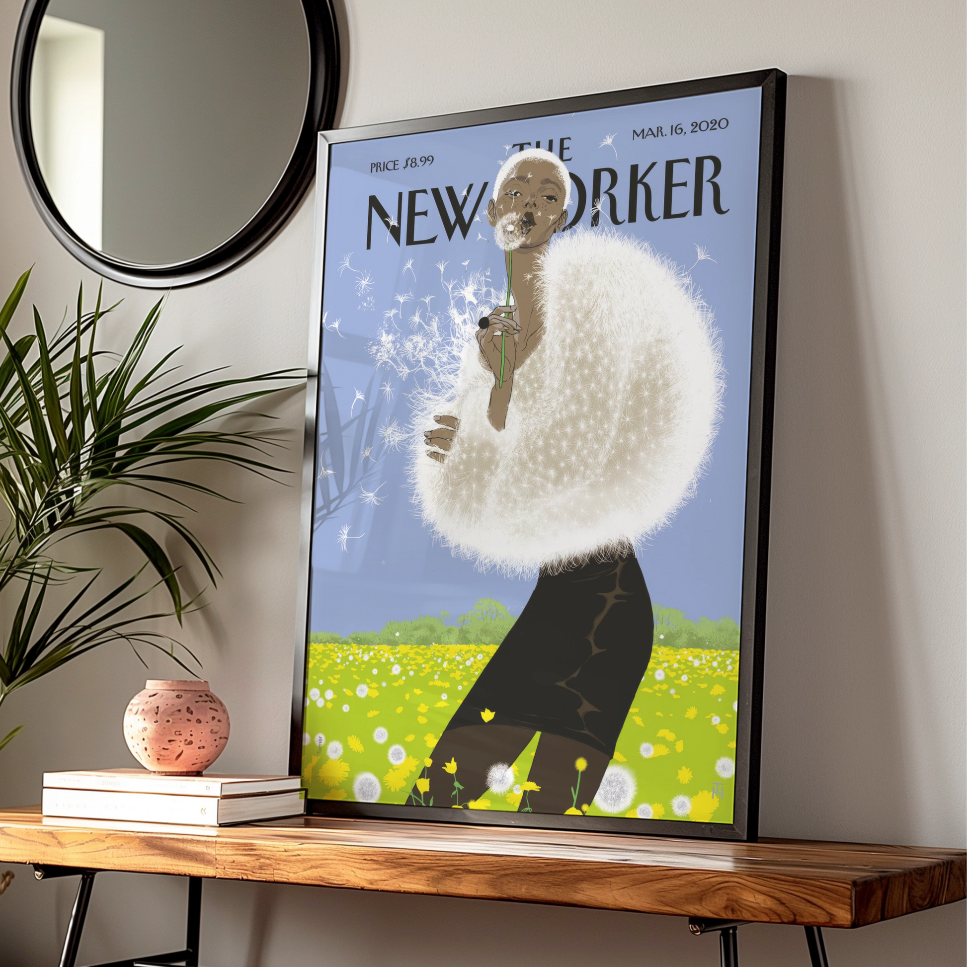 The New Yorker Poster, Dandelion Woman Art Print, Spring Wall Art, Blue Sky Floral