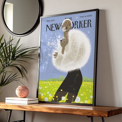 The New Yorker Poster, Dandelion Woman Art Print, Spring Wall Art, Blue Sky Floral
