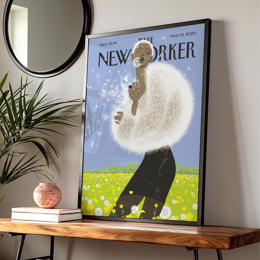 The New Yorker Poster, Dandelion Woman Art Print, Spring Wall Art, Blue Sky Floral