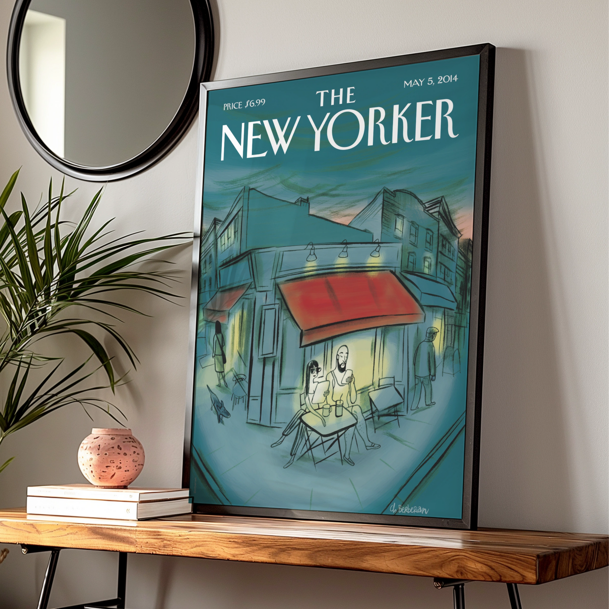 The New Yorker Poster May 2014, Cafe Street Scene Wall Art, Teal City Print