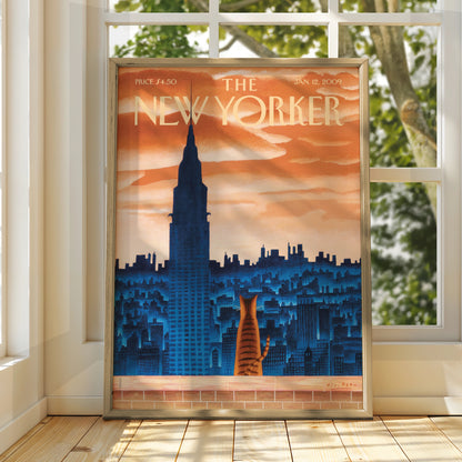 The New Yorker Cat Poster, NYC Skyline Wall Art, Chrysler Building Print, Vintage Cover