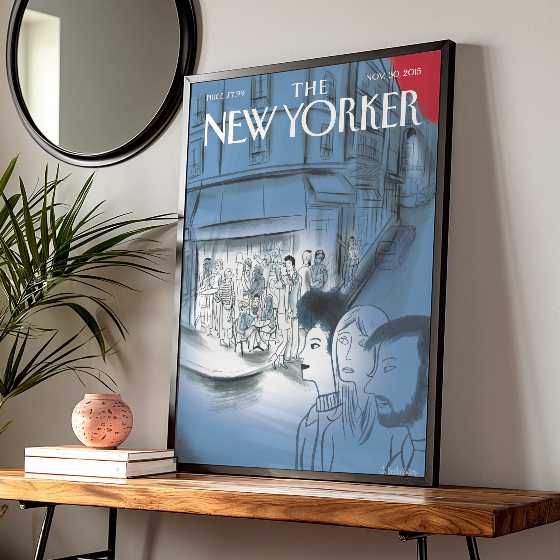 The New Yorker Cover Poster Nov 2015, Paris Cafe Street Scene, Blue Wall Art Print