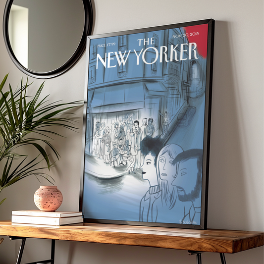 The New Yorker Cover Poster Nov 2015, Paris Cafe Street Scene, Blue Wall Art Print