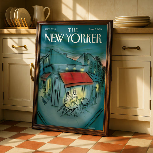 The New Yorker Poster May 2014, Cafe Street Scene Wall Art, Teal City Print