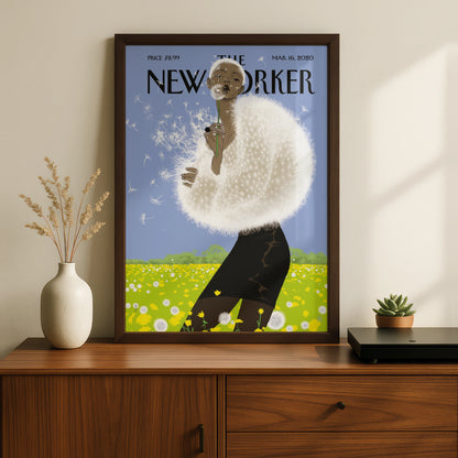 The New Yorker Poster, Dandelion Woman Art Print, Spring Wall Art, Blue Sky Floral