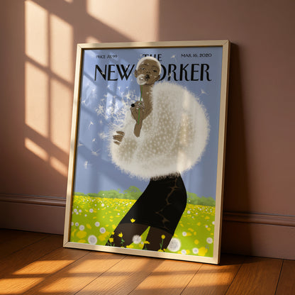 The New Yorker Poster, Dandelion Woman Art Print, Spring Wall Art, Blue Sky Floral