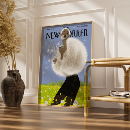 The New Yorker Poster, Dandelion Woman Art Print, Spring Wall Art, Blue Sky Floral