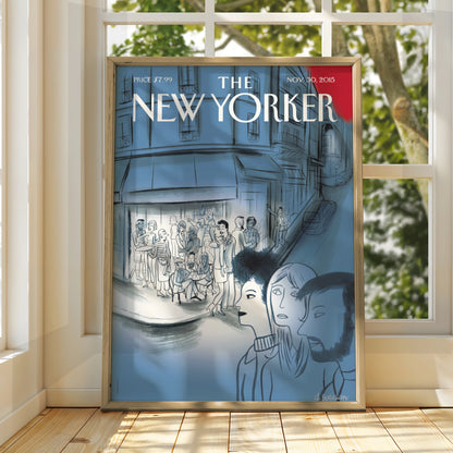 The New Yorker Cover Poster Nov 2015, Paris Cafe Street Scene, Blue Wall Art Print