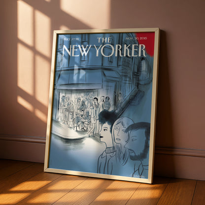 The New Yorker Cover Poster Nov 2015, Paris Cafe Street Scene, Blue Wall Art Print