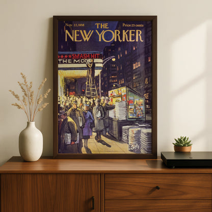 The New Yorker 1958 Cover Art Poster, Broadway Night Scene, Vintage NYC Wall Art