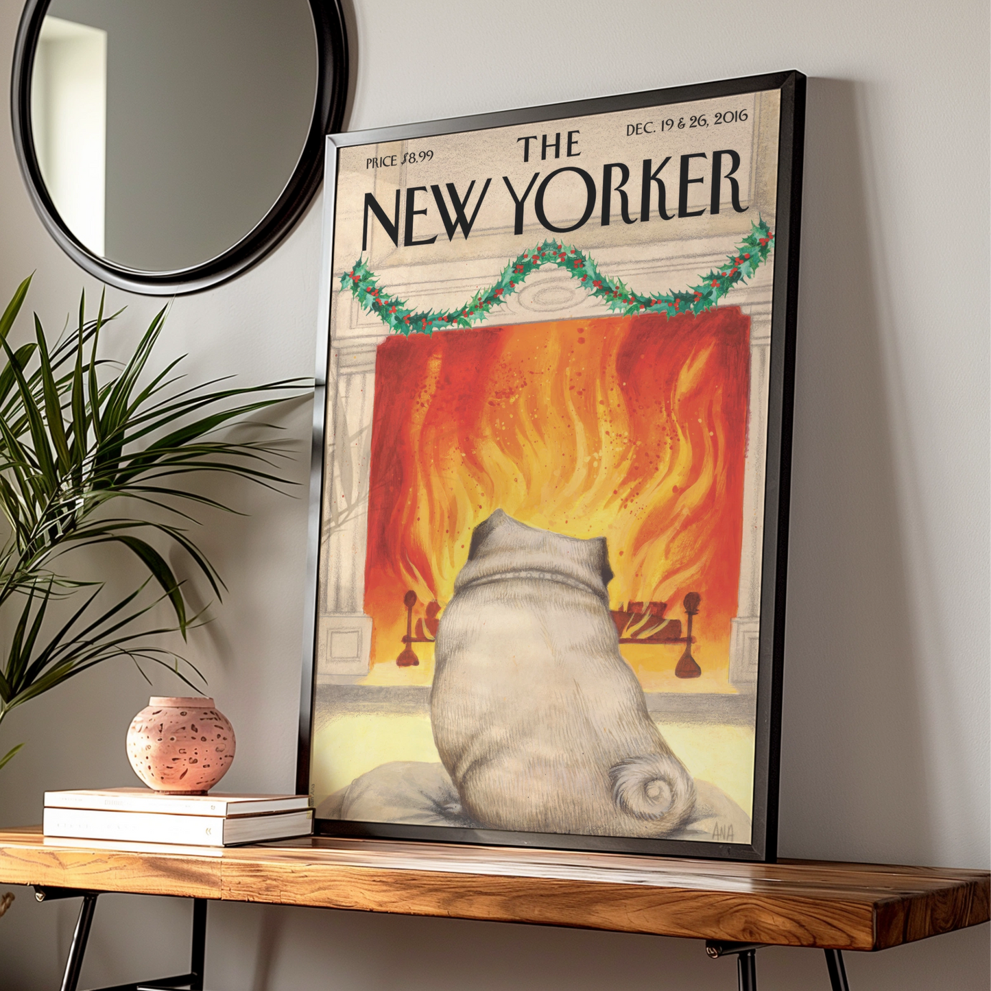 The New Yorker Christmas Pug Fireplace Cover Art Poster, Holiday Dog Wall Art Print