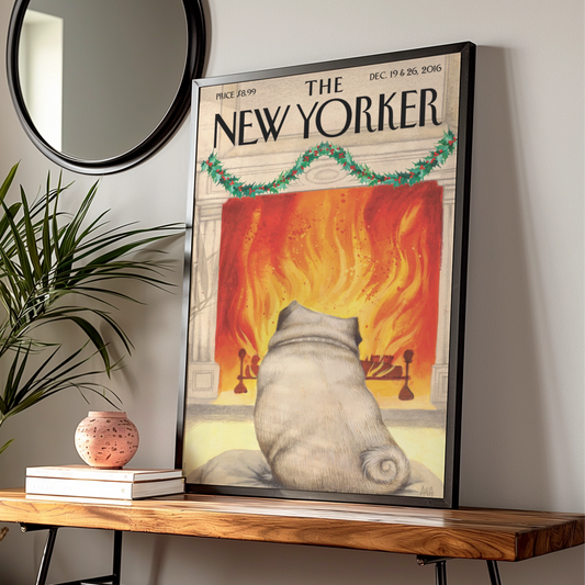 The New Yorker Christmas Pug Fireplace Cover Art Poster, Holiday Dog Wall Art Print