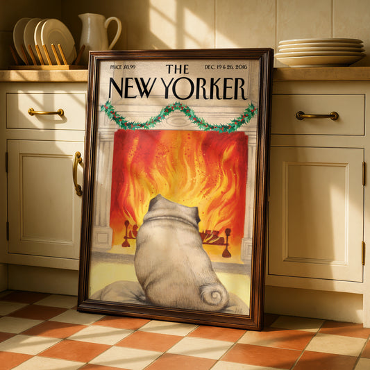 The New Yorker Christmas Pug Fireplace Cover Art Poster, Holiday Dog Wall Art Print
