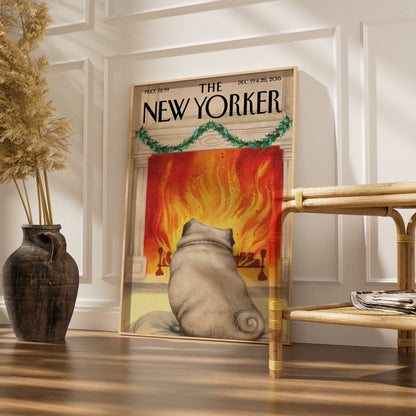 The New Yorker Christmas Pug Fireplace Cover Art Poster, Holiday Dog Wall Art Print