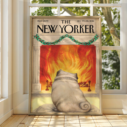 The New Yorker Christmas Pug Fireplace Cover Art Poster, Holiday Dog Wall Art Print
