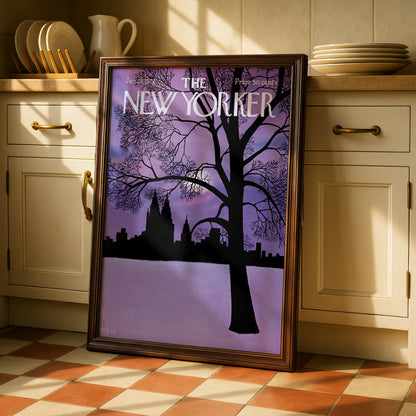 The New Yorker 1972 Winter NYC Skyline Poster, Purple Night Wall Art Print
