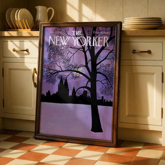 The New Yorker 1972 Winter NYC Skyline Poster, Purple Night Wall Art Print