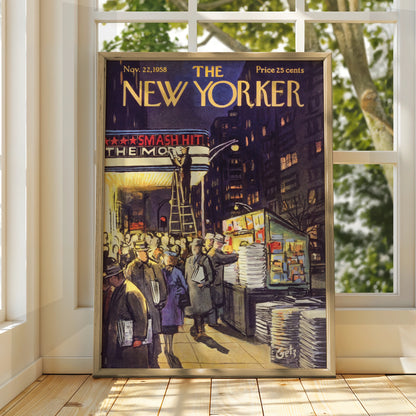 The New Yorker 1958 Cover Art Poster, Broadway Night Scene, Vintage NYC Wall Art