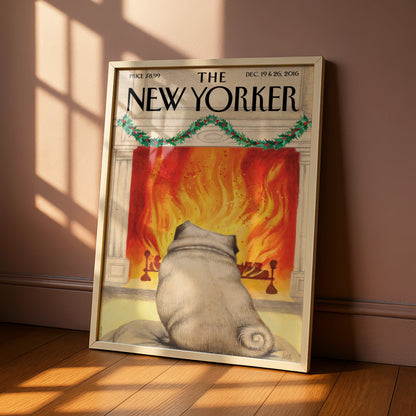 The New Yorker Christmas Pug Fireplace Cover Art Poster, Holiday Dog Wall Art Print