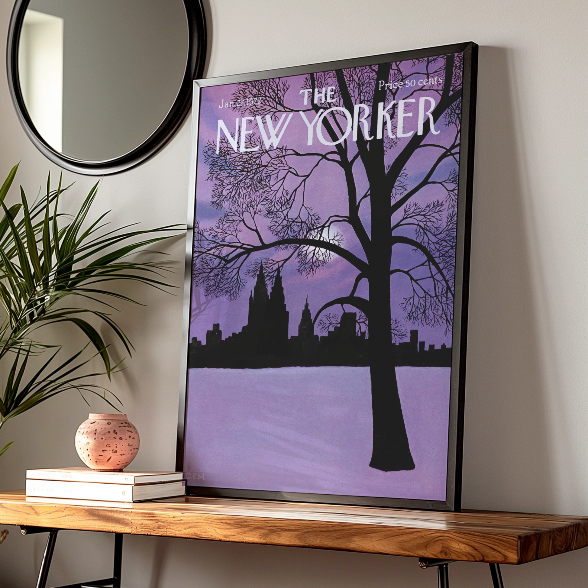 The New Yorker 1972 Winter NYC Skyline Poster, Purple Night Wall Art Print