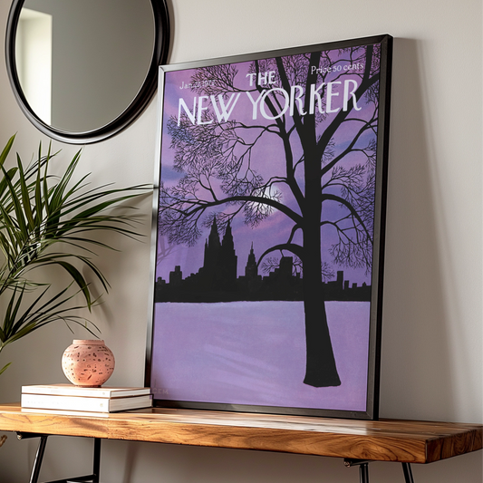 The New Yorker 1972 Winter NYC Skyline Poster, Purple Night Wall Art Print