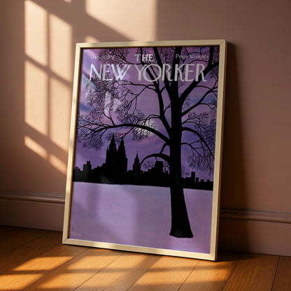The New Yorker 1972 Winter NYC Skyline Poster, Purple Night Wall Art Print