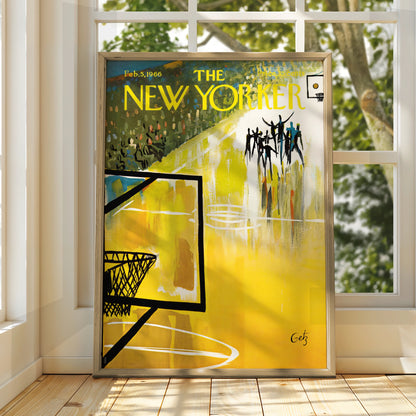 The New Yorker 1966 Basketball Court Cover Art Poster, Vintage Sports Wall Art Print