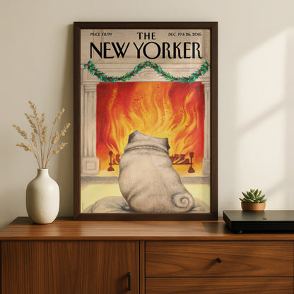 The New Yorker Christmas Pug Fireplace Cover Art Poster, Holiday Dog Wall Art Print