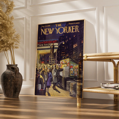 The New Yorker 1958 Cover Art Poster, Broadway Night Scene, Vintage NYC Wall Art