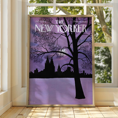 The New Yorker 1972 Winter NYC Skyline Poster, Purple Night Wall Art Print