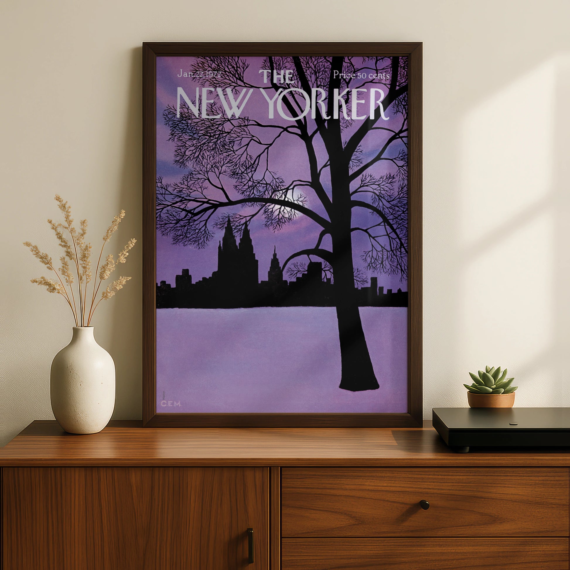 The New Yorker 1972 Winter NYC Skyline Poster, Purple Night Wall Art Print
