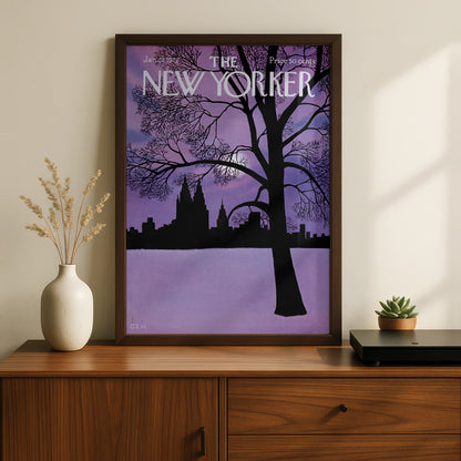 The New Yorker 1972 Winter NYC Skyline Poster, Purple Night Wall Art Print