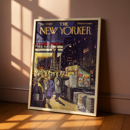The New Yorker 1958 Cover Art Poster, Broadway Night Scene, Vintage NYC Wall Art