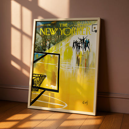 The New Yorker 1966 Basketball Court Cover Art Poster, Vintage Sports Wall Art Print